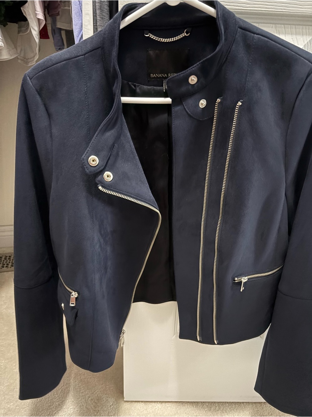 Banana Republic Navy Suede Moto Jacket with Silver Hardware